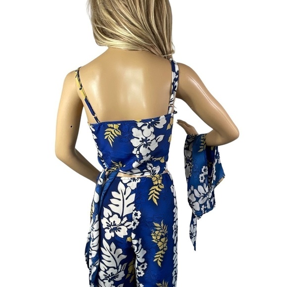 Hawaiian 3 Piece Set Pants Bra Top Floral Wrap Blue White Size 12 Vintage - Picture 5 of 13